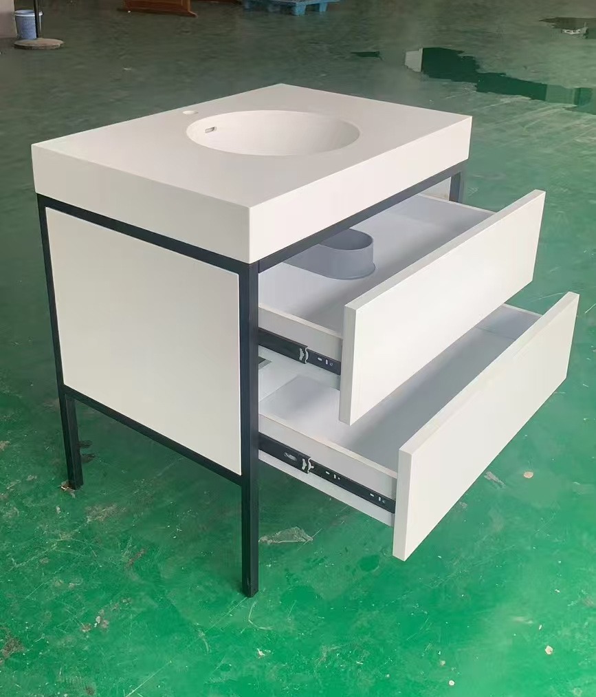 bathroom vanities with metal frame and solid surface lavatory basin