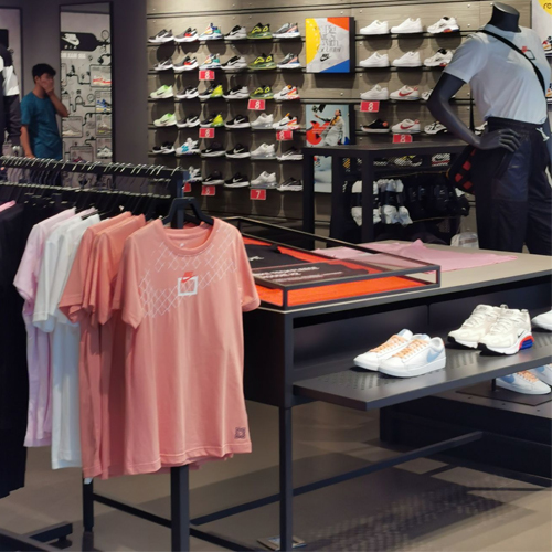 Clothing rack display table and shoe shelf for Nike store