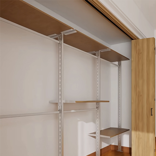 Aluminum closet with wood shelves and folding door