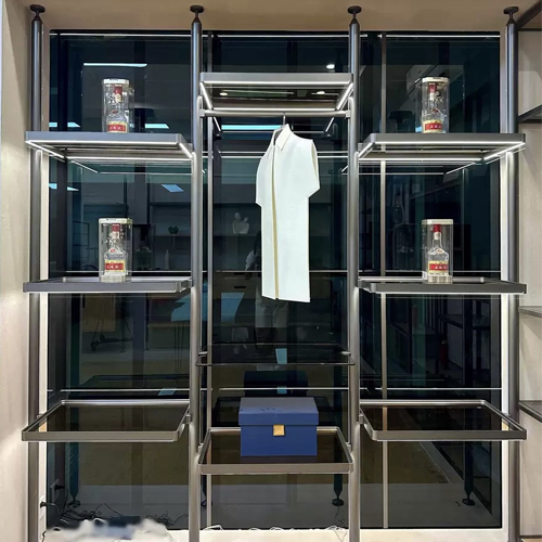 Aluminum open concept closet with glass shelves
