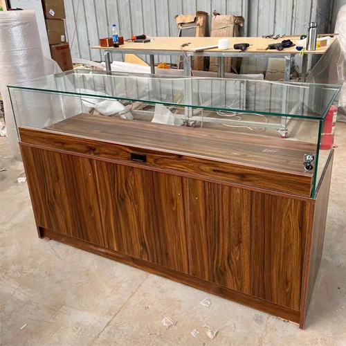 Tempered glass display counter with wood base