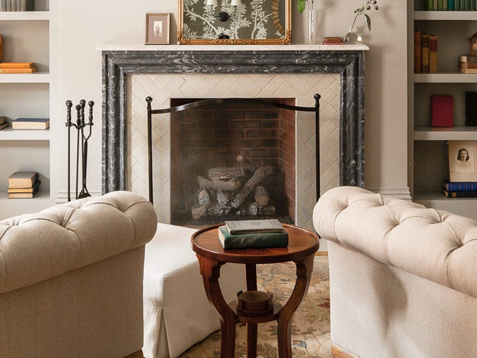 Fireplace Surrounding by Marble Cornice and Tiles