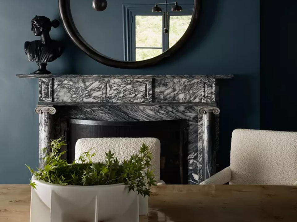 swirling black-and-white marble surround and mantel set