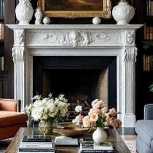 white marble fireplace mantel in family living room