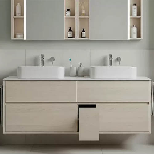 Hotel bathroom vanity with mirror cabinet