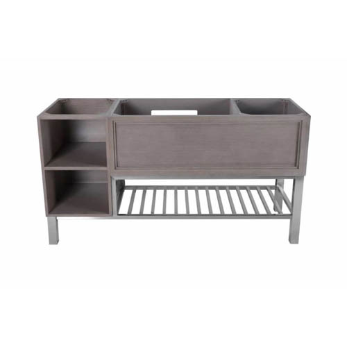 Extended stay hotel wooden vanity base with open storage shelf